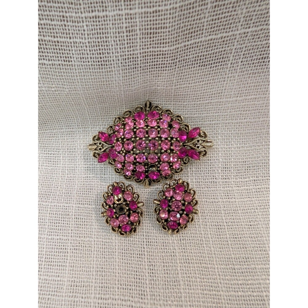 Vintage Signed Lisner Pink Rhinestone Brooch w/ Matching Earrings - FLAW